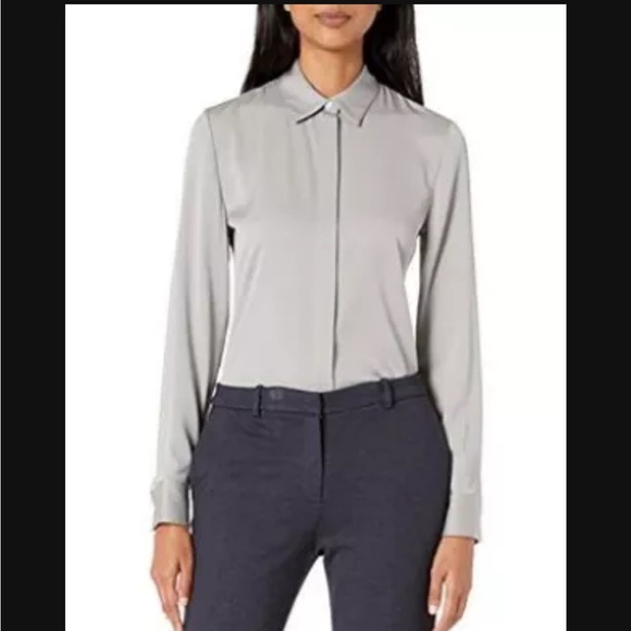 Theory Tops - Theory Grey Gorgeous Silk Classic Fitted Collared Long Sleeve Blouse - S/M